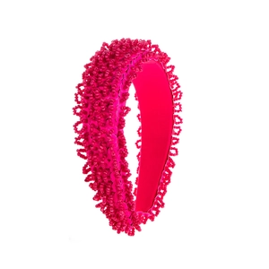 Handmade wide fuchsia beaded headband with luxury sequins and textured wavy design
