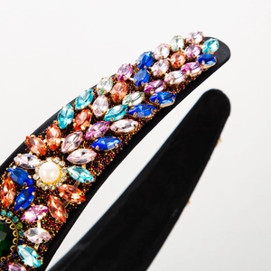 Handmade baroque wide headband with colorful rhinestones and white pearls on black velvet