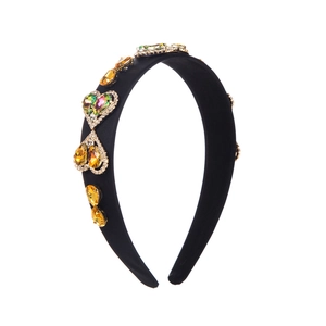 Vintage baroque headband with colorful heart crystals and black satin padding for women