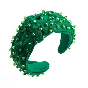 Minimalist green fabric knotted headband with sparkling green crystal beads for women