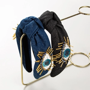 Cerchietto Annodato in Denim Malocchio Bohemian per Donna Tesa Larga Ricamo Perline Fatto a Mano Accessori Capelli Moda