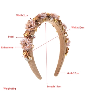 Detailed view of vintage headband with size specs, fabric flowers, pearls and rhinestones