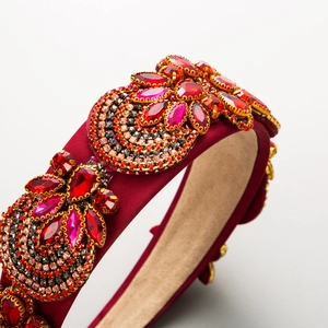 Vintage Baroque red satin headband featuring heavy beadwork and floral rhinestones