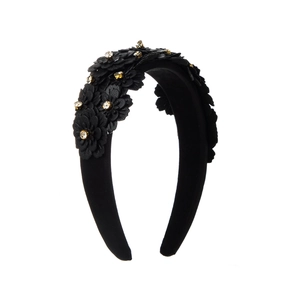 Elegant Baroque style black headband with multi-layer 3D floral crystals decor