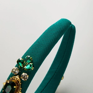 Baroque dark green fabric headband with exquisite floral crystals and gold relief details