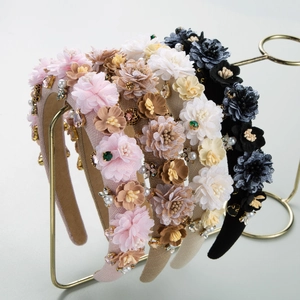 Baroque Floral Rhinestone Headband Elegant Fabric Flower Hair Band Luxury Crystal Artificial Pearl Hair Accessory For Women Party