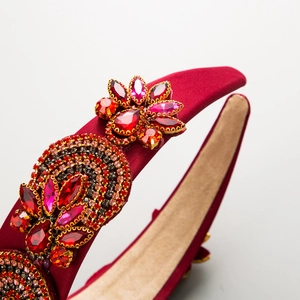 Baroque style wide headband with red floral rhinestones on luxury burgundy fabric