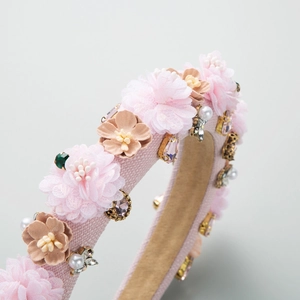 Pink floral headband with sparkling rhinestones and pearls on premium tweed fabric base