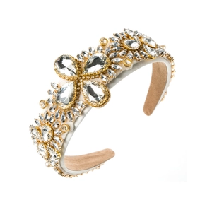 Baroque padded headband with sparkling white crystals and gold metal finish