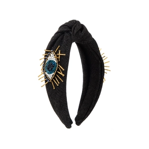 Cerchietto annodato a mano in tessuto denim con motivo a perline evil eye
