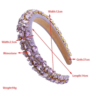 Detail view of purple rhinestone flower headband with gold claws and product dimensions