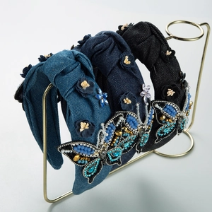 Serre-tête en Denim Large Style Français Avec Papillon en Perles et Strass Nœud Floral Fait à la Main pour Femme Bijoux de Fête