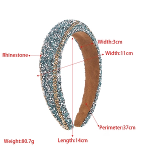 Detailed view of padded rhinestone headband dimensions 3cm width and 37cm circumference