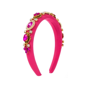 Baroque style wide headband in rose red with ornate gold settings and sparkling rhinestones