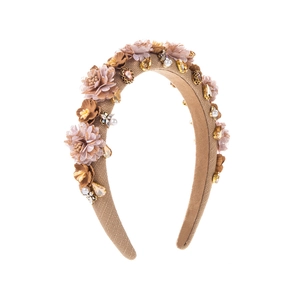 Vintage floral headband with pink fabric flowers and champagne rhinestones on tan burlap