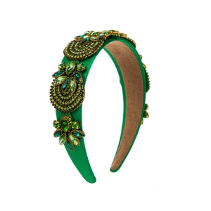 Vintage Baroque emerald green wide headband with sparkling crystal floral rhinestones