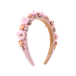 Retro hairband with pink fabric flowers, faux pearls and colorful rhinestones for women