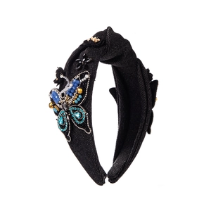 Serre-tête noir perlé style français avec papillon en cristal et fleurs en tissu