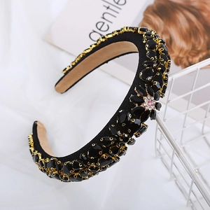 Baroque black headband with glittering rhinestones and elegant pink floral gems