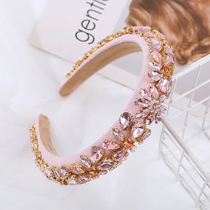 Baroque pink padded headband with luxury geometric crystals and floral rhinestone patterns