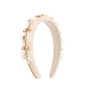 Serre-tête rembourré blanc cassé élégant avec pétales de fleurs en maille et cristaux