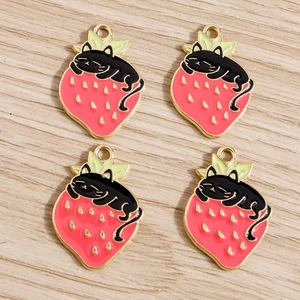 Set of four strawberry black cat alloy pendants for DIY necklace and jewelry making