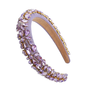Baroque purple crystal headband with ornate teardrop rhinestones on light purple fabric