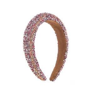 Baroque style wide pink headband with crystal rhinestones and gold chain accent