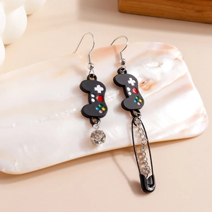 Asymmetric game controller earrings with colorful buttons, safety pins and crystal drop