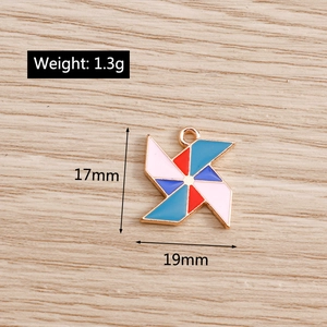 Detailed view of colorful enamel windmill charms with dimensions of 17mm by 19mm