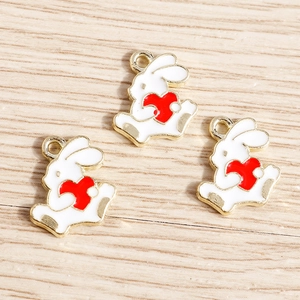 Three cute white alloy rabbit charms with red hearts and gold trim for DIY jewelry