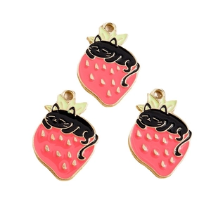 Three creative alloy black cat strawberry charms for DIY necklaces and craft accessories