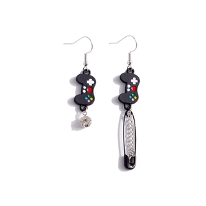 Asymmetric game controller earrings with paperclip tassel and sparkling rhinestones