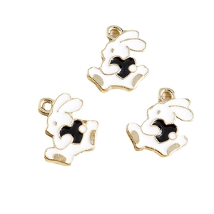 Cute white enamel rabbit charms with black hearts and gold plating for DIY jewelry making