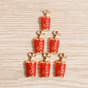Set of 6 red enamel beverage cup pendants with Cool lettering for DIY jewelry making