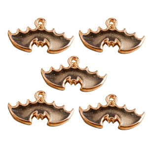 Five gold bat wings pendant charms with dark grey glitter resin for DIY jewelry making