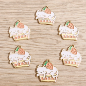 Cute enamel white cat on strawberry cake alloy charms for DIY jewelry and crafts