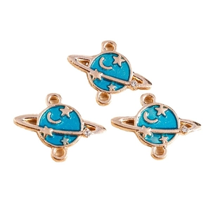 Saturn shaped blue enamel charm with stars moon and gold rings for jewelry DIY making