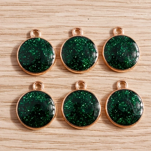 Set of 6 round gold plated alloy pendants with dark green glitter resin for DIY jewelry