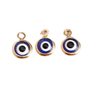 Three gold-plated evil eye charms with blue enamel pendants for DIY jewelry making
