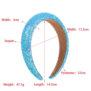 Detailed size measurement of light blue sequin headband with 3cm width and 47.1g weight
