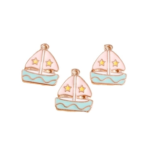 Cartoon sailboat alloy pendants with pink sails and blue hulls for DIY jewelry making