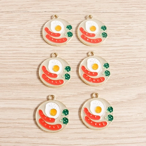 6-piece set of round enamel breakfast charms with egg and sausage for DIY jewelry