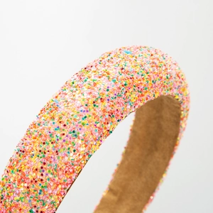 Colorful sequin padded headband for women with rainbow glitter and soft brown lining