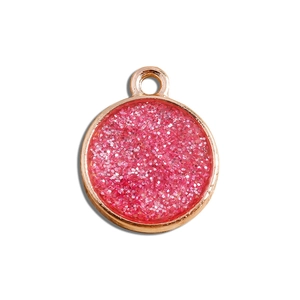 Pink glitter circular charm with rose gold frame and top loop for DIY jewelry making