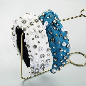 Elegant Knotted Denim Satin Headband With Faux Artificial Pearl Rhinestone Wide Brim Hair Hoop For Women Girls Hair Accessories