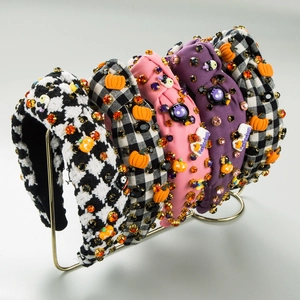 Cerchietto per Capelli Halloween Annodato a Tesa Larga Zucca Teschio Strass Fascia per Donna Festa Festiva Accessorio per Capelli