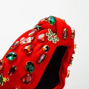 Serre-tête rouge festif avec pendentifs de sapin de Noël et strass colorés