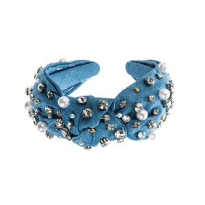 Luxury knotted denim headband with white pearls and sparkling rhinestones for women