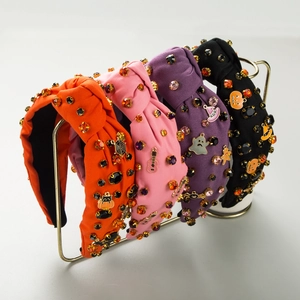 Halloween Pumpkin Ghost Twisted Knot Wide Headband With Rhinestone Charms Fabric Hair Hoop For Women Holiday Accessories